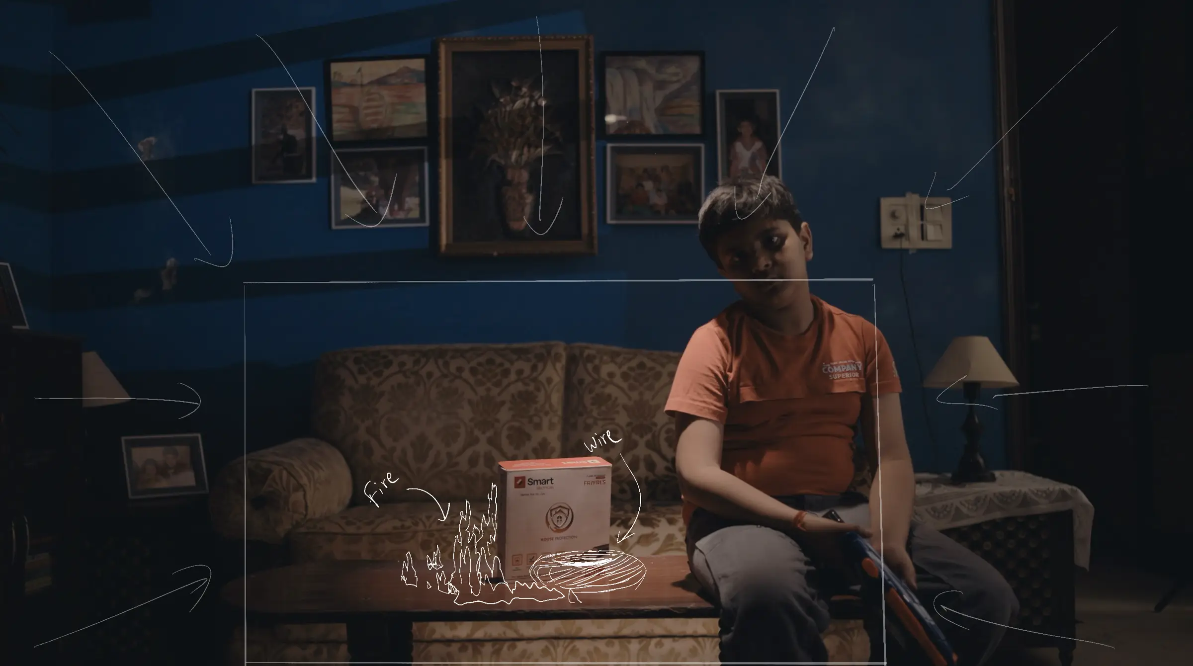 VFX planning frame with sketched fire and burning wire composited around the House Protection box