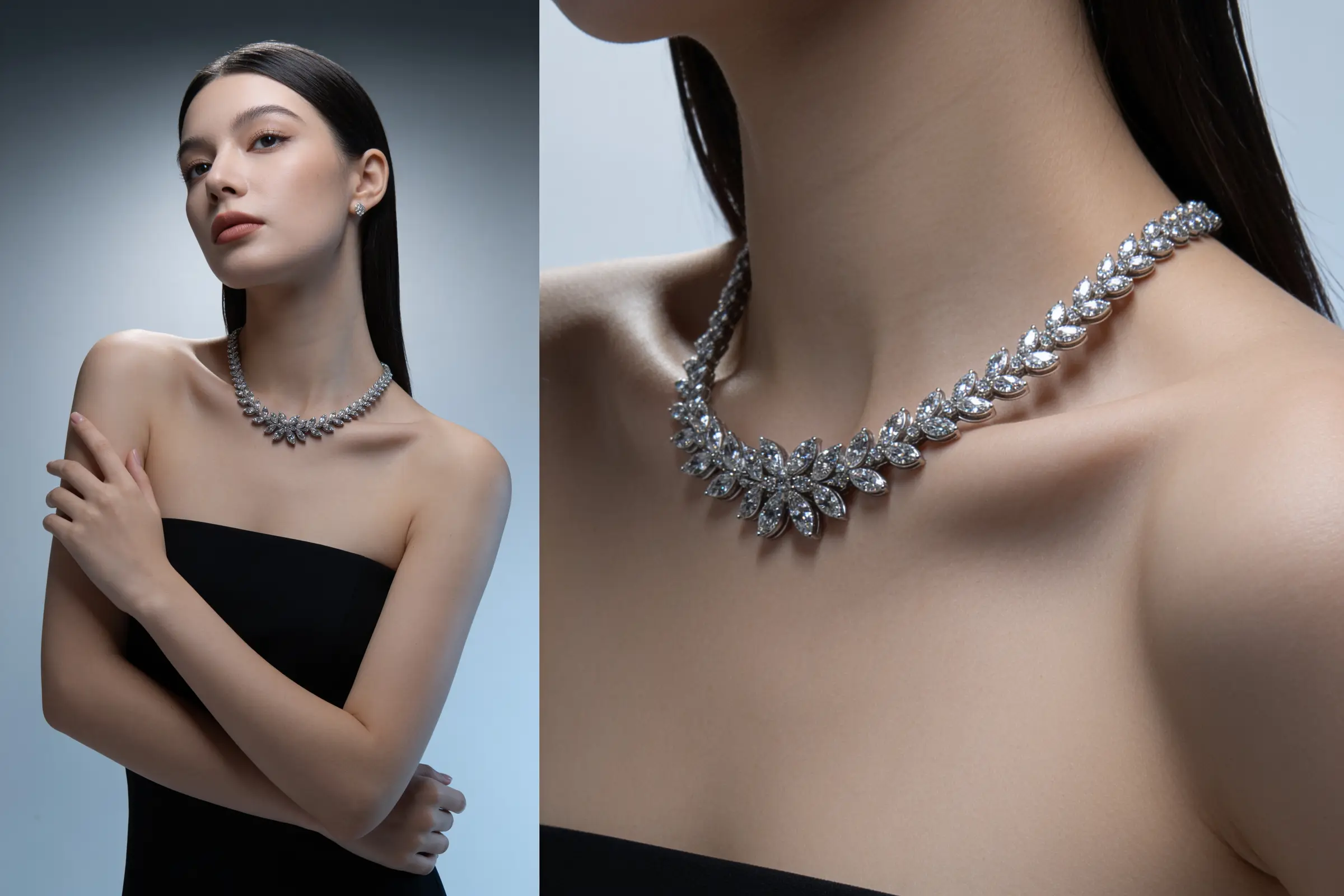 Necklace diptych, model wearing the Diamos necklace beside a detail crop
